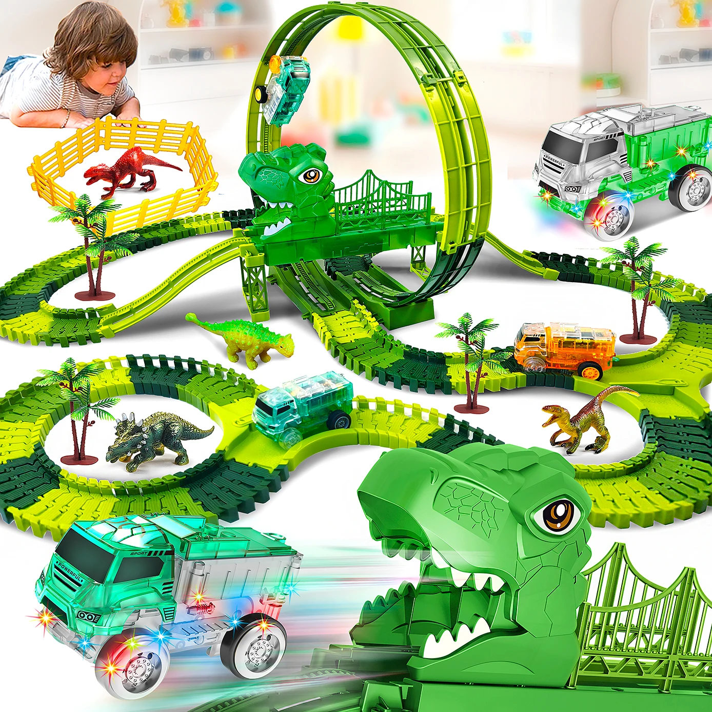 

Игрушки-динозавры, трековая машина, World Dinosaur Road Race Tracks, светящаяся в темноте гибкая железнодорожная дорожка, подарок на день рождения ﻿