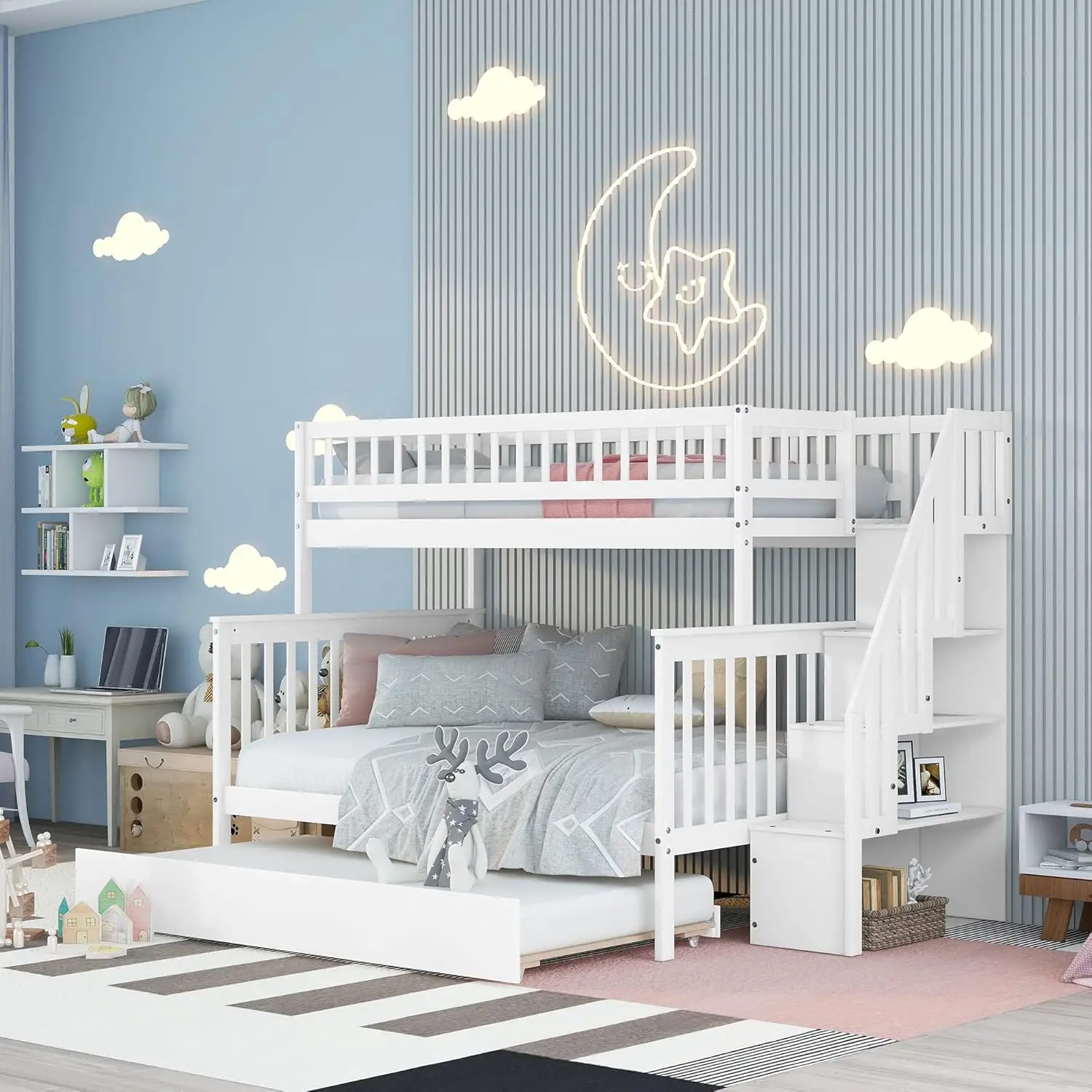 

Bunk Beds Twin Over Full Size, Bunk Bed With Stairs And Trundle, Wood Stairway Bunk Beds With Storage Shelf For Kids Teens
