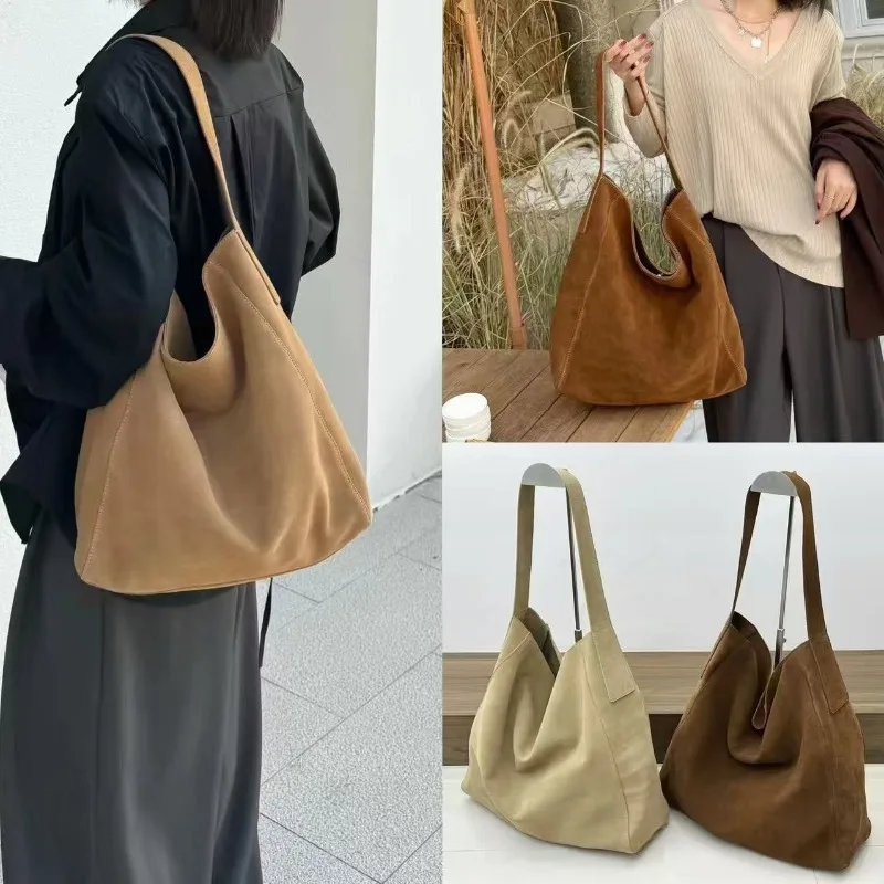 Vintage Work Tote Bag for Women Genuine Leather Suede Large Capacity Shoulder Bag Portable Durable