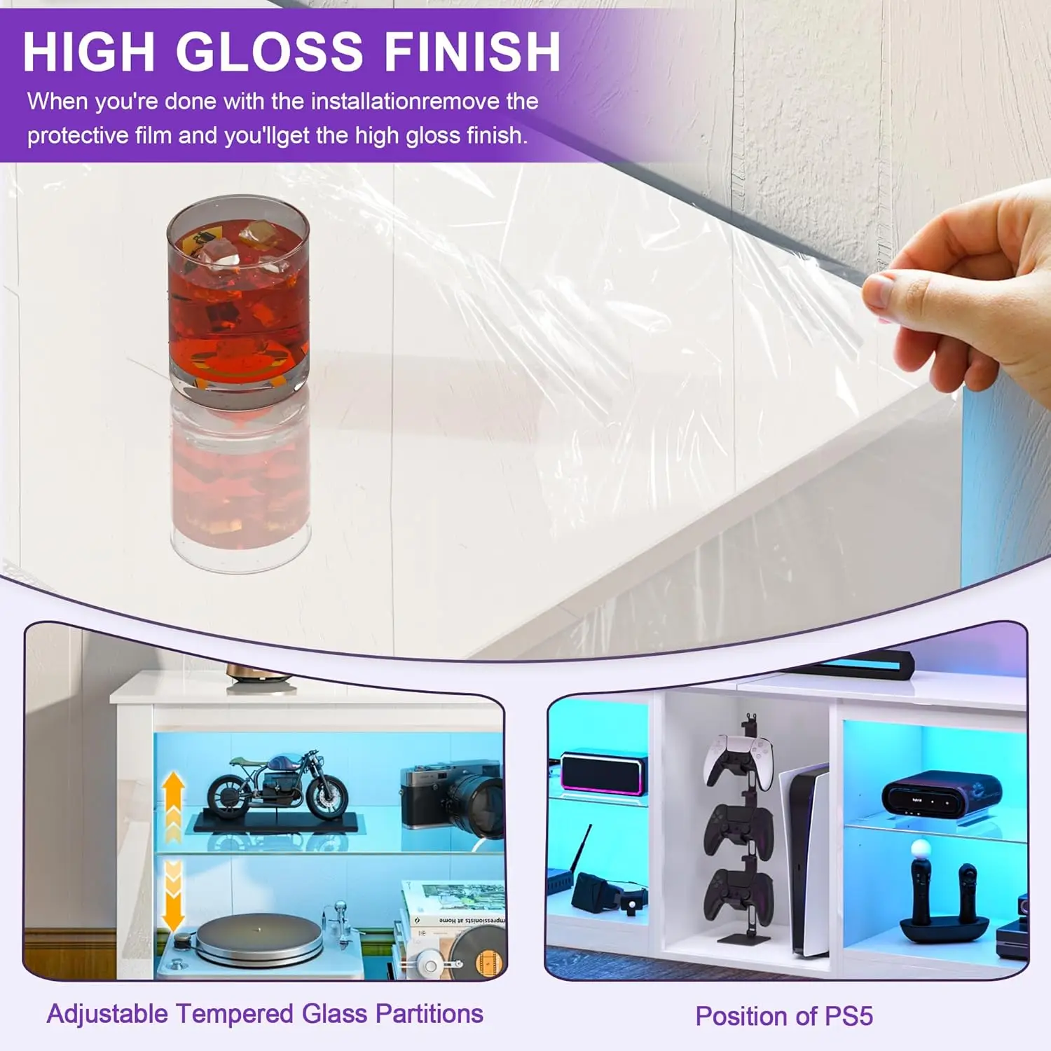 حامل تلفزيون LED عالي اللمعان مقاس 63 بوصة لتلفزيون 50 55 60 65 70 75 بوصة، مركز ترفيه الألعاب لـ PS5، خزانة تلفزيون مع رف زجاجي