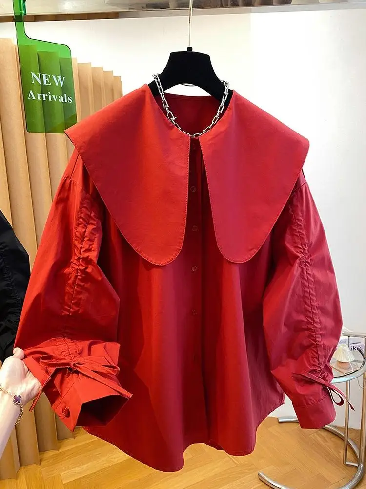 

SuperAen French-style Elegant Embroidery Peter Pan Collar Red Shirring Design Long-sleeved Tops Women Cotton Spring New Shirts