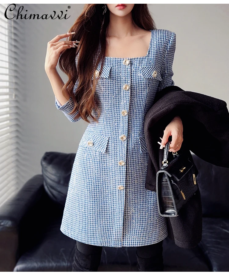 

High-end Blue Sequined Houndstooth Dress Women's Autumn and Winter New Fashion Celebrity Long-sleeved Slim Elegant Party Dresses