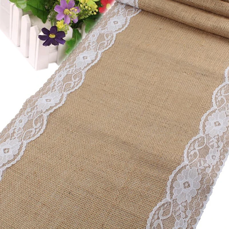 Holaroom Vintage Retro Burlap Linen Jute Event Party Supplies Wedding Christmas Table Cloth Tablecloth White Lace Table Runner