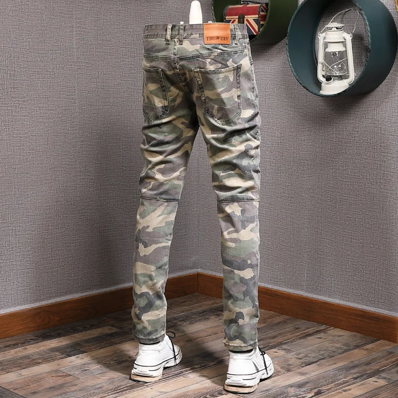 Streetwear Fashion Men Jeans Elastic Camo Trousers Spliced Designer Jeans Men Multi Pockets Hip Hop Cargo Pants Hombre