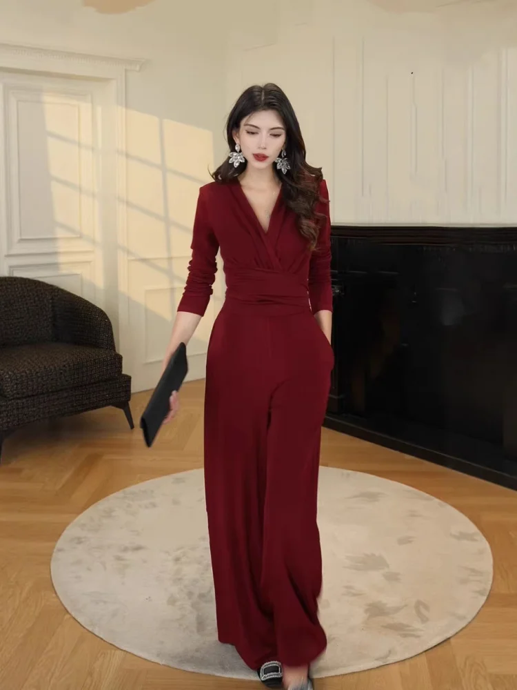 

Ele Red Collar One-Piece Pants Women's Autumn Winter Slimming Long Pants Waist-Cinching High-End Feeling Commute Sle