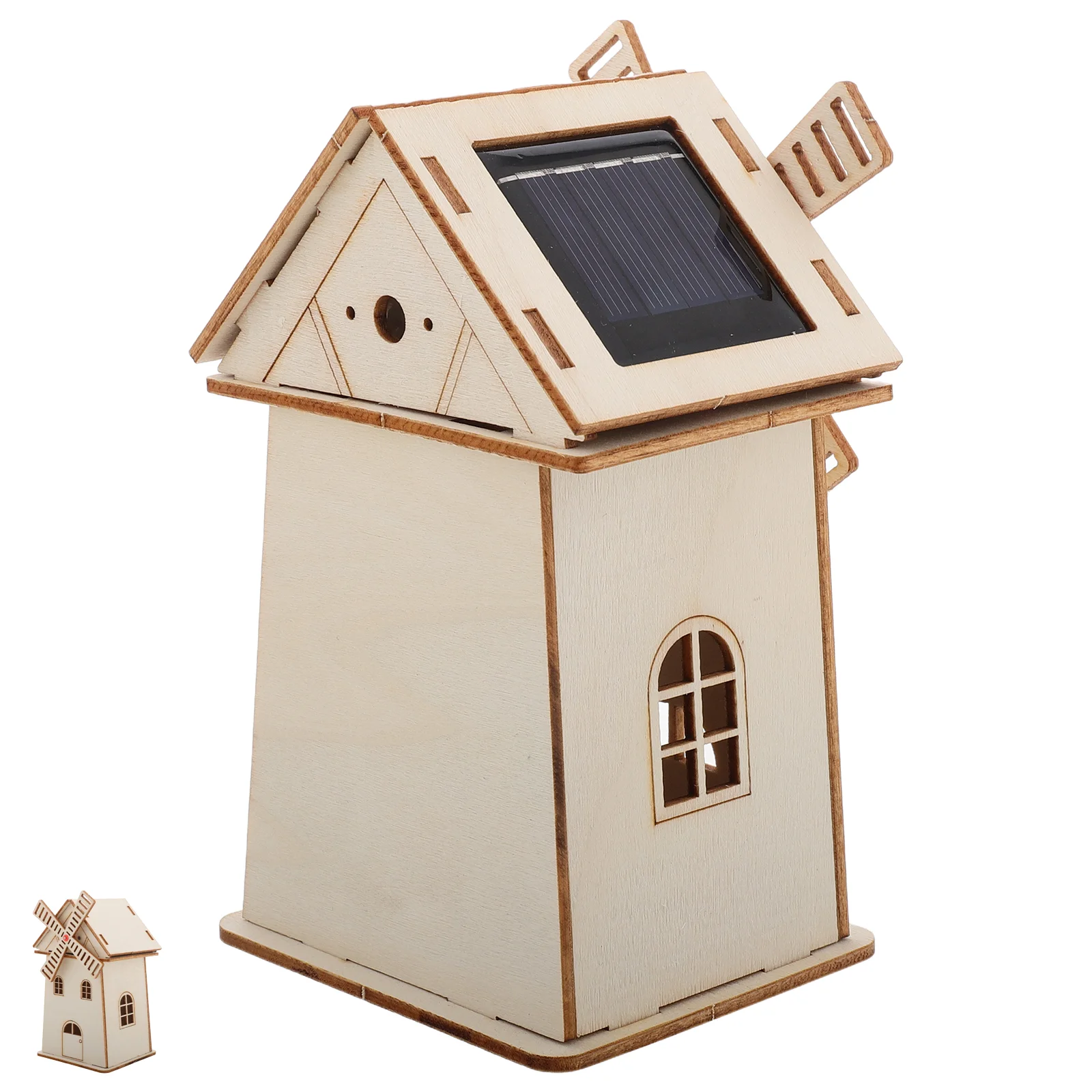 Solar Powered Wooden Windmill House Model Unfinished Paintable Craft Kit Science Toy Desk Office Decor