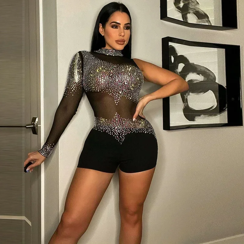 

GUWU One Long Sleeve Hot Rhinestones Skinny Stretch Women Summer Romper Sexy Diamonds Party Playsuit Clubwear
