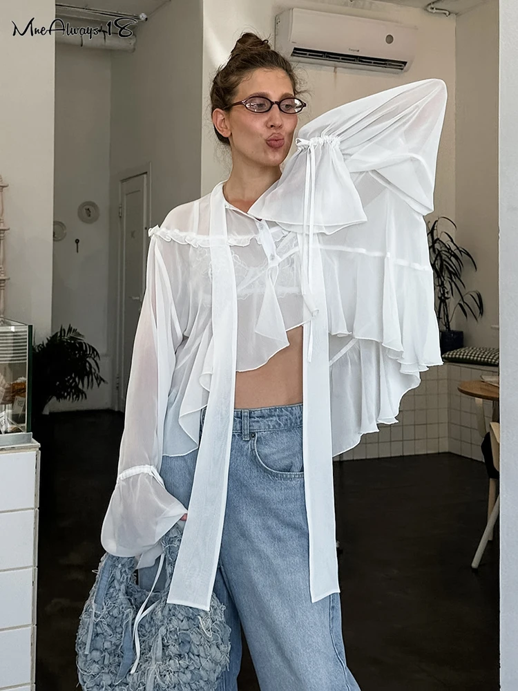 Mnealways18 Chiffon White Frill Blouses For Women Flare Sleeves Irregular Perspective Oversize Shirts Autumn 2024 Female Sunwear