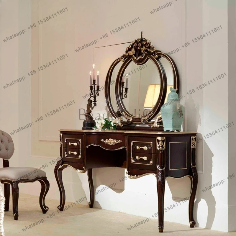 

Neoclassical bedroom furniture, solid wood carved dresser, makeup table, with dresser mirror combination