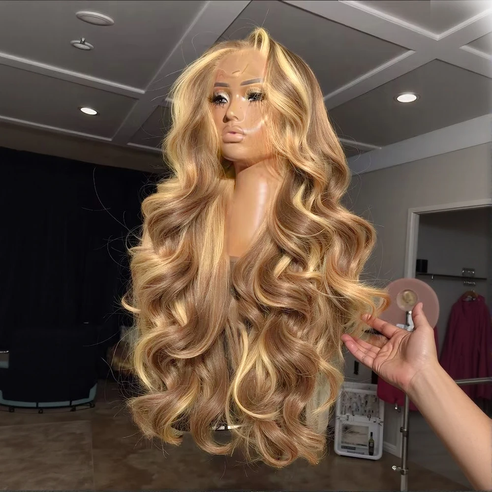 

Синтетические балаяж-русые мелирование 13x6 парики фронта шнурка Объемные волнистые парики HD Ombre Медовый блондин Смешанные цвета Парики фронта шнурка