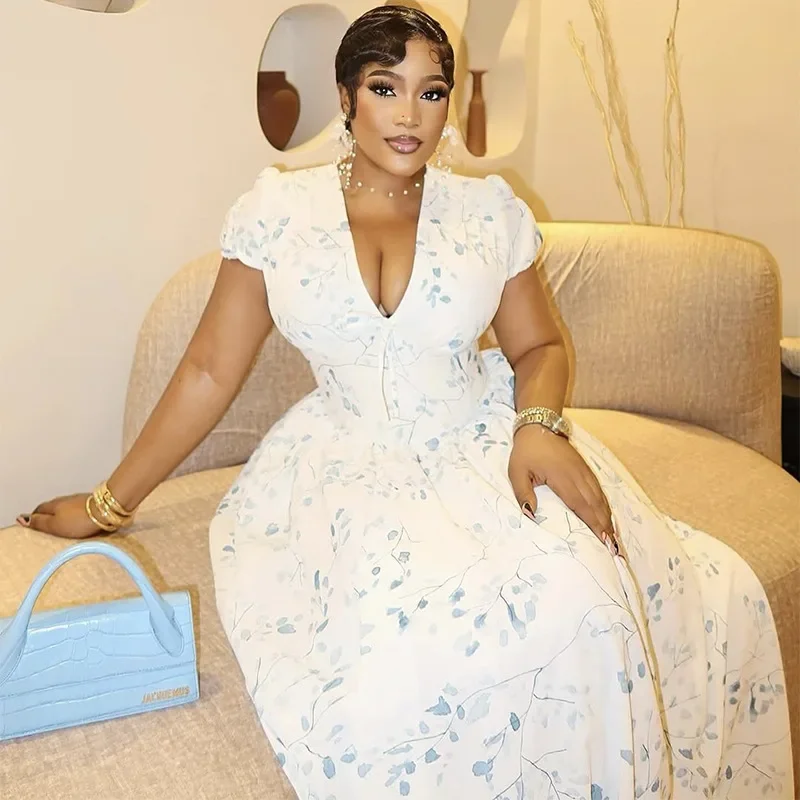 Lange Jurken Vrouwen Sexy V-hals Bloemenprint Korte Mouw Zoete Jurk Elegante Nieuwe Street Wear Groothandel Dropshipping 2025