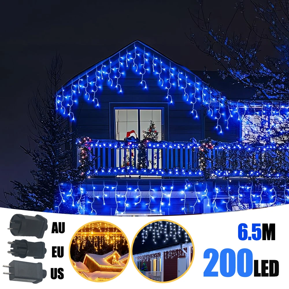 

Christmas Icicle String Lights 6.5M 200LED 40Drops 8 Modes, Plug in Curtain Waterproof for Holiday Wedding Party Home Garden