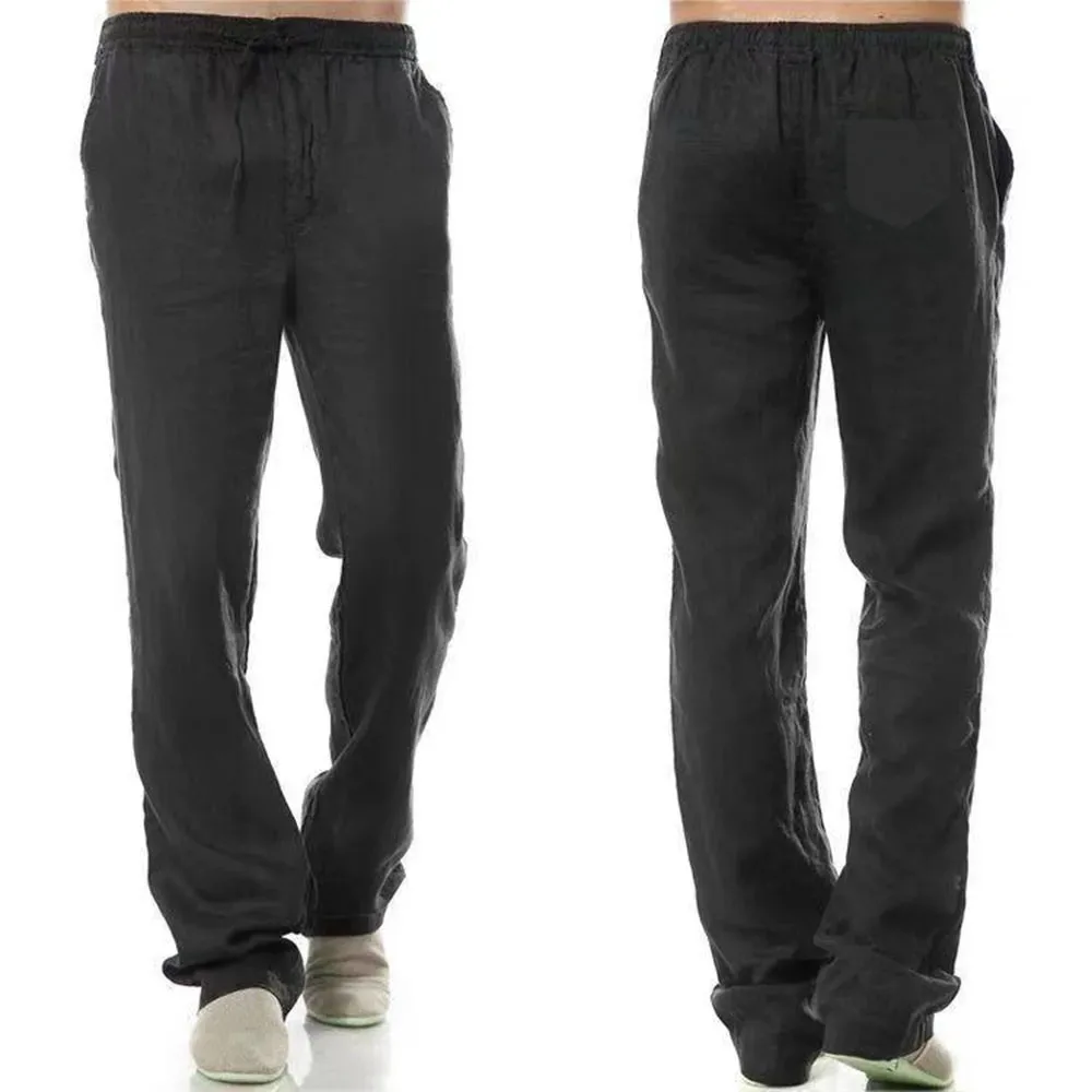 Heren katoenen linnen broek mannelijke herfst nieuwe ademende effen kleur linnen broek fitness streetwear achterkant met zak