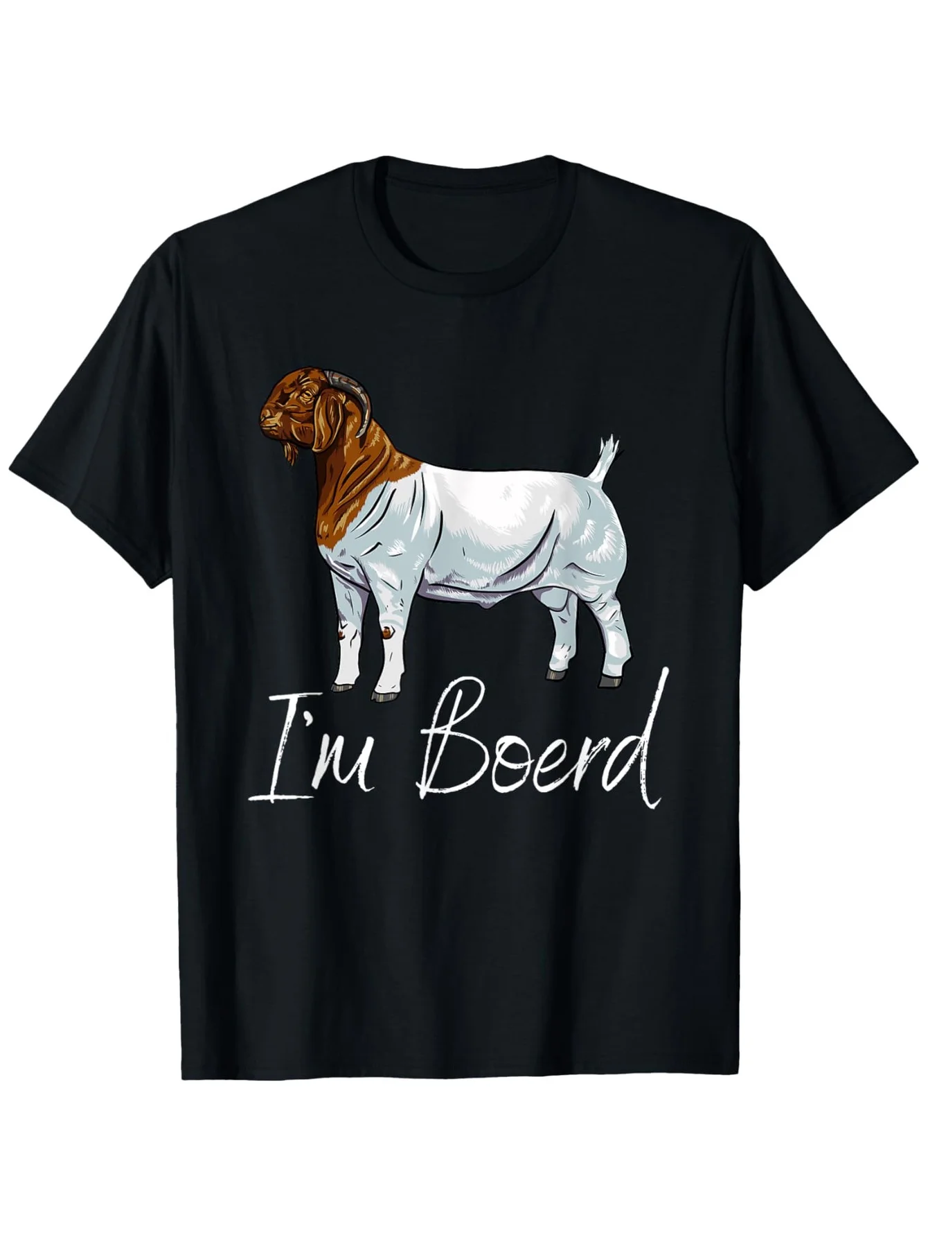 Camiseta con estampado de cabra boer y la frase "I'm Boerd", camisetas de cabra para hombre y mujer, cuello redondo, color negro, tallas S-XXXL