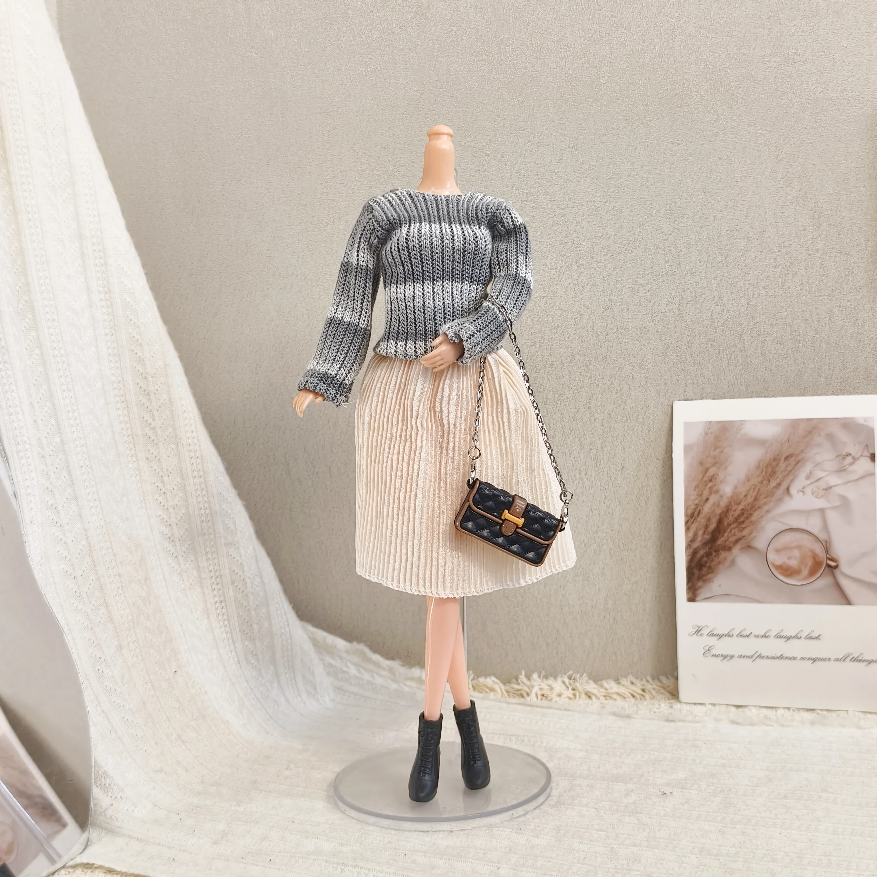 Fashion Casual Ladies Grey Striped Top + Versatile Pleated Skirt Set For 1/6 Babi Xianxian Supermodel Doll Dress Up Clothes