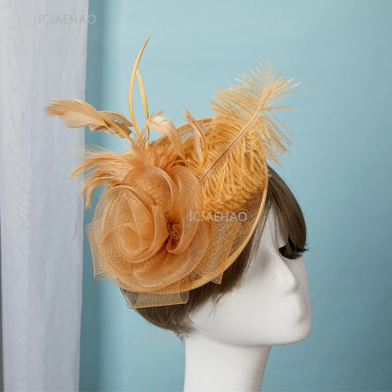 

Винтажная льняная шляпа невесты в британском стиле, головной убор с перьями, формальный банкетный аксессуар для волос