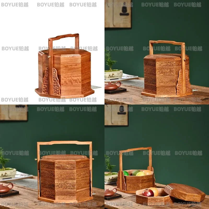 Vintage Carved Rosewood Storage Basket Lidded Wooden Dessert Box Solid Food Container Retro Lunch Organizer