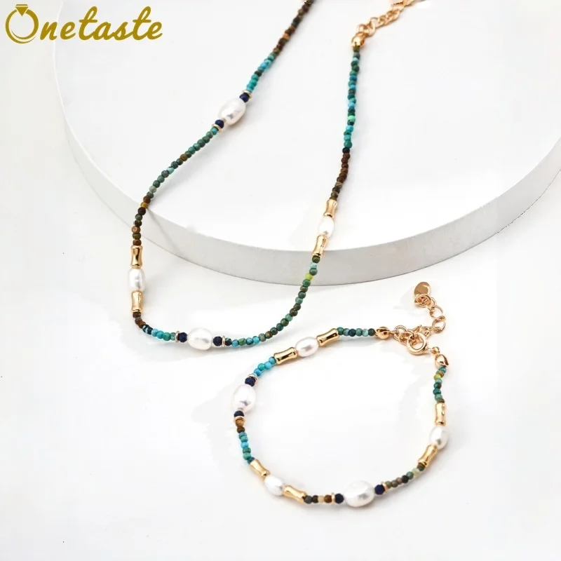 

925 Silver Pearl Lapis Lazuli Turquoise Beaded Strand Jewelry Sets With Layered Necklace And Bracelet Women Dainty Trendy Gift