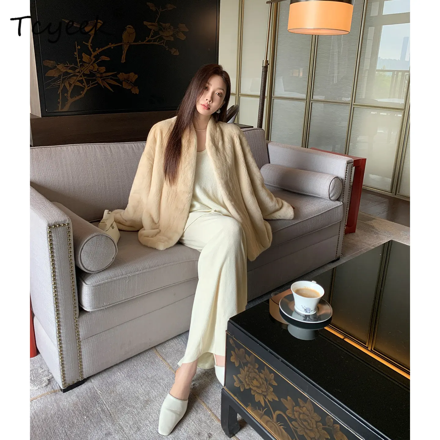 

Tcyeek Real Mink Fur Coat Woman Clothes Warm Womens Coats Natural Whole Mink Mid-length Winter Jacket Fashion Loose Fit Casaco