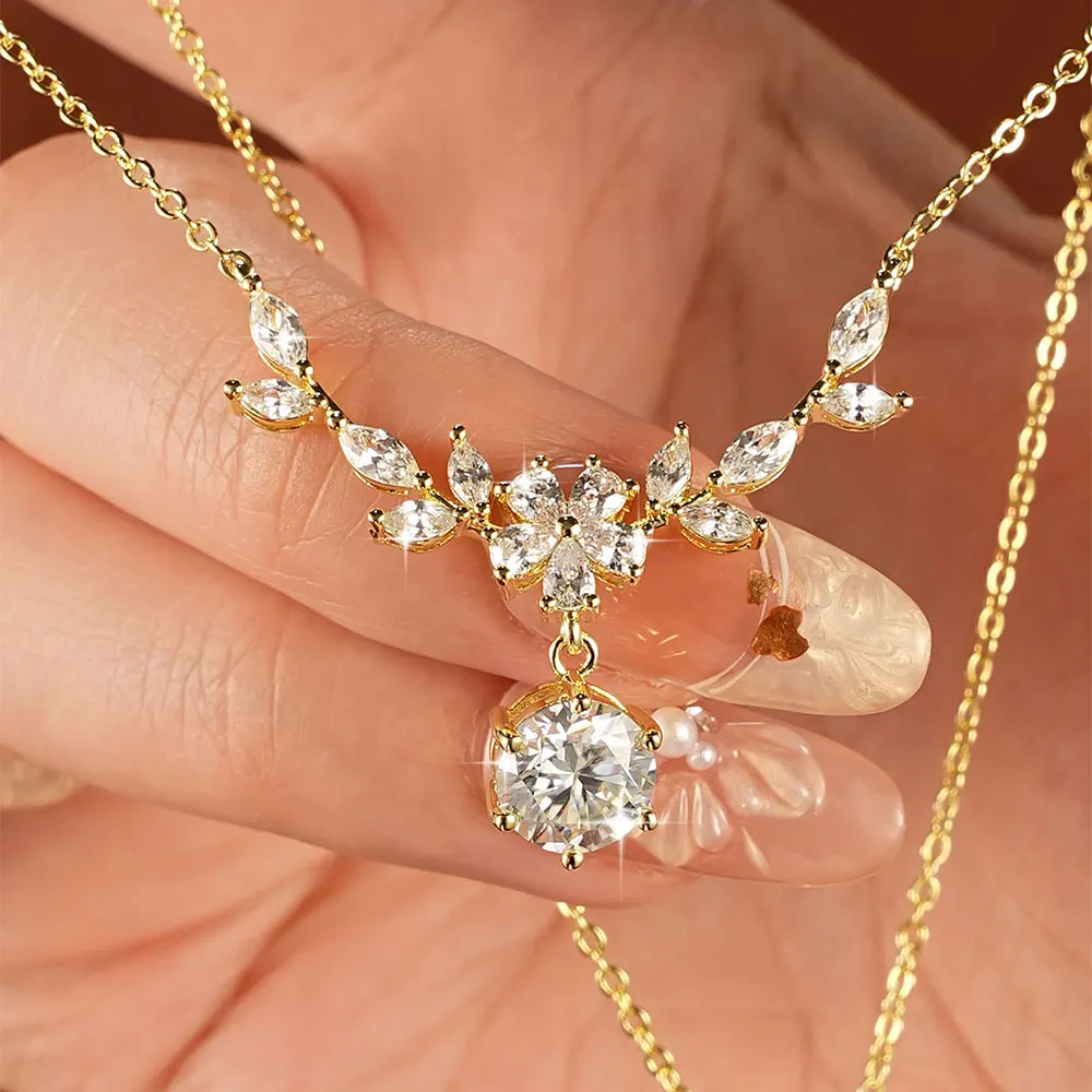 

RAPRGOLD GRA Certified 2CT Moissanite Luxury Flower Pendant Necklaces for Women 14k Gold Filled Chains Neck Fine Jewelry Gifts