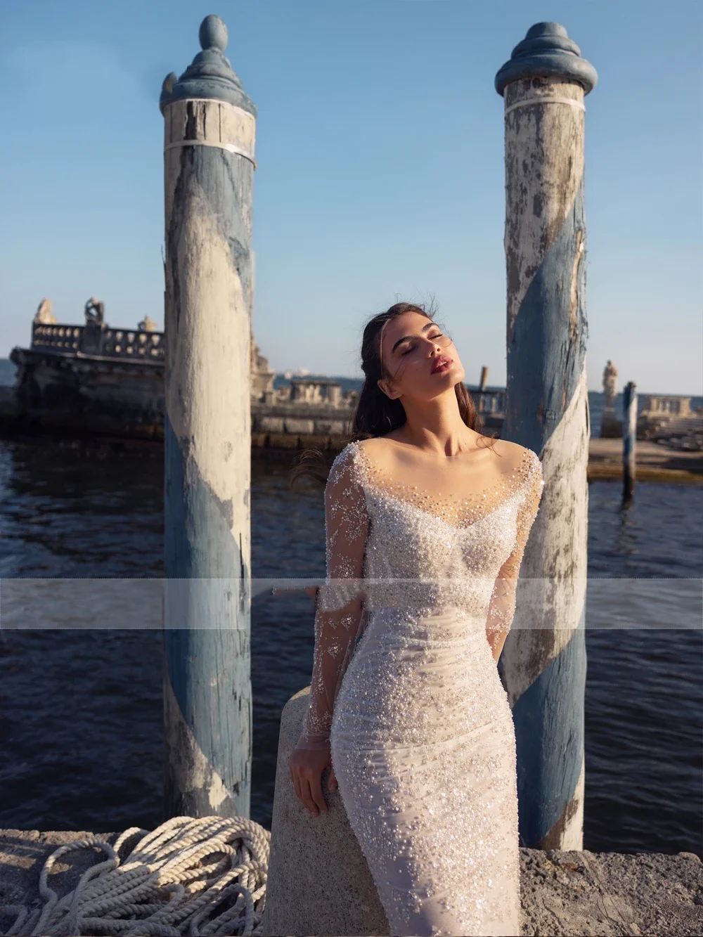 Flavinke Customized Mermaid Wedding Dresses Women Sweetheart Long Sleeves Bridal Gown Crystal Skirt Detachable Train Dresses