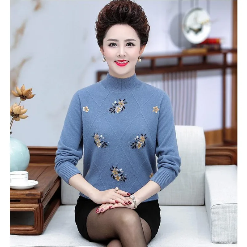 

Женский пуловер, полуводолазка, осенне-зимний свитер, вязаный свитер с цветочной вышивкой, популярный модный топ со стразами и длинными рукавами