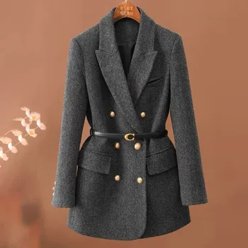 ז 'קט בלייזר של ז' קט נשים 2023 סתיו חורף חדש דו-breasted די רחב חגורת אופנה רופף למדי חגורת Y2k בלייזר
