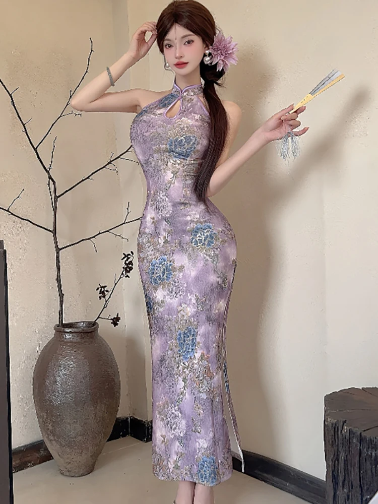 الصيف الأرجواني الأزهار الوقوف طوق شيونغسام فستان المرأة الكورية الفاخرة فستان أنيق ثوب 2025 خمر Bodycon فستان سهرة للحفلات #2