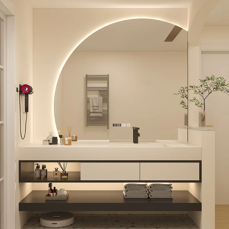 

Современный дубовый простой умывальник для ванной комнаты, кремовый стиль, полукруглая светодиодная рок-доска, встроенный бесшовный комбинированный шкаф для раковины
