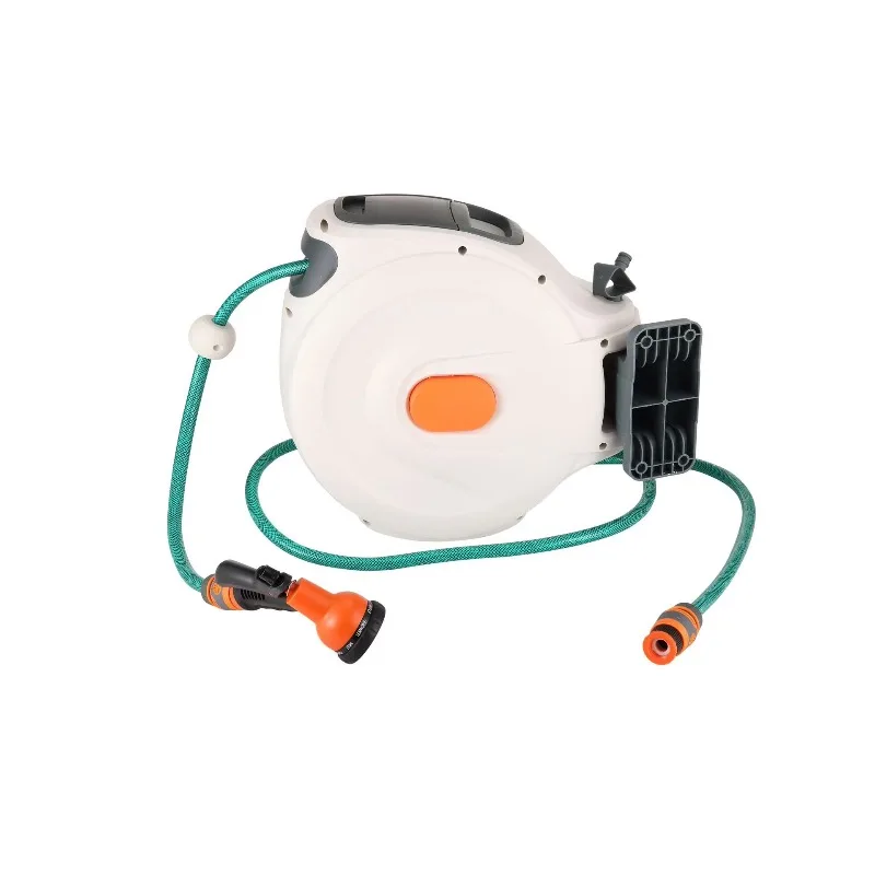 Wall Mounted 10-Function Garden Hose Reel with Sprayer Nozzle Length Lock and Slow Return for Efficient Watering