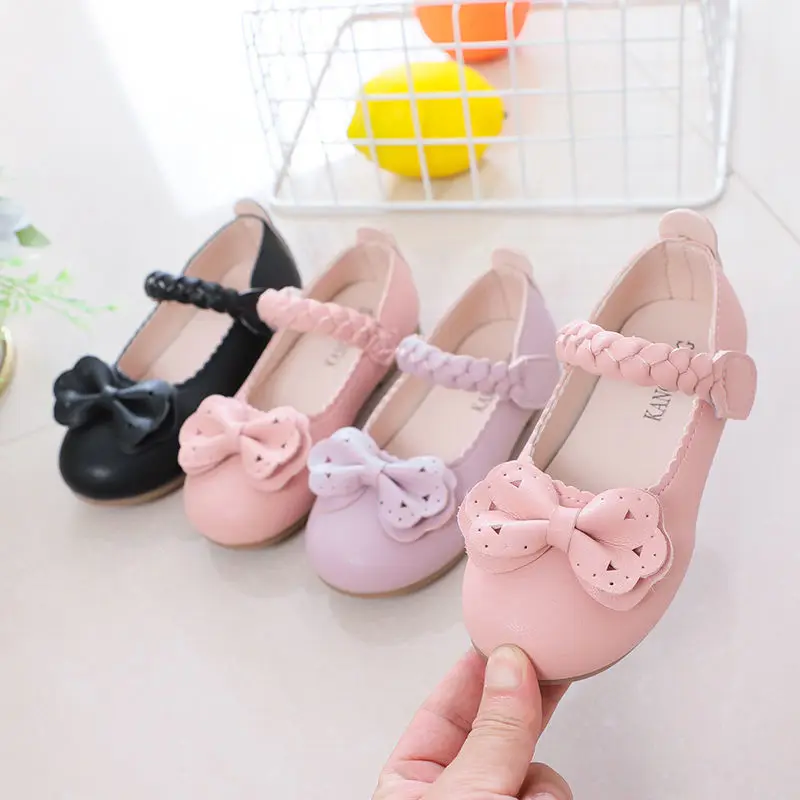 2-10Years Old Kids Leather Shoes Comfortable Soft-soled Bows Little Girls Princess Shoes Pink Beige Casual Children Single Shoes