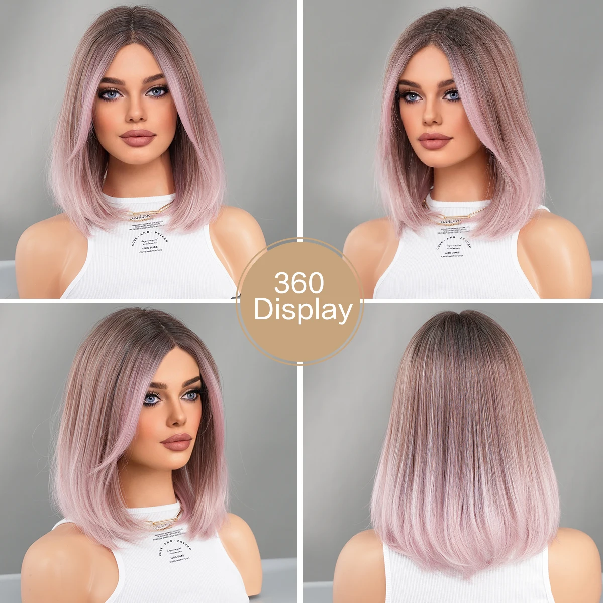 Perruque Synthétique Courte et Lisse avec Racines Foncées, Lace Front Wig Transparente HD, Lace T Part, Bob, Rose, Brun, Haute Densité