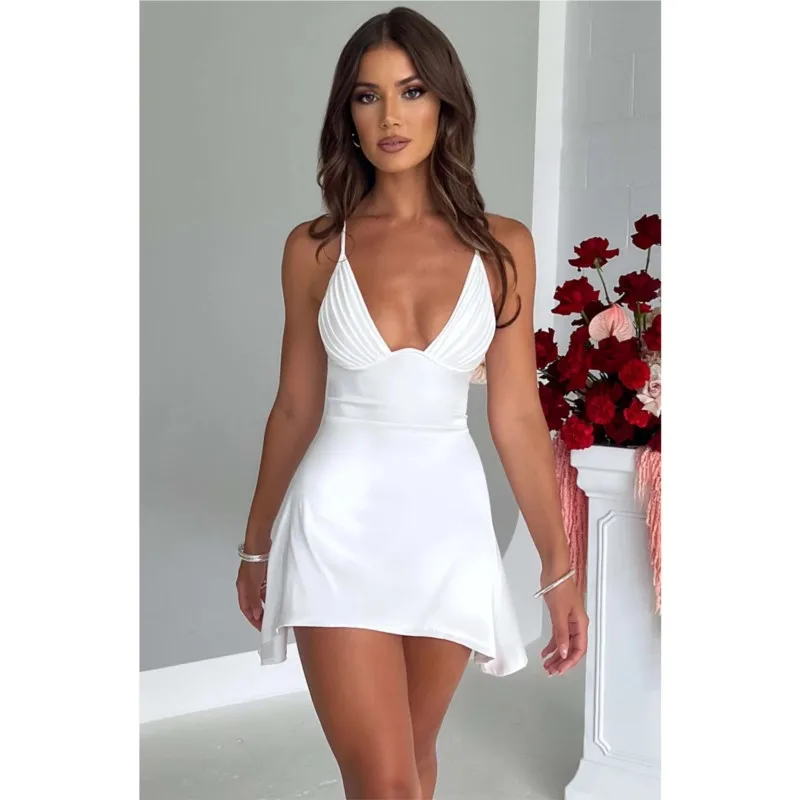 

Sexy Mini Dress Ladies 2025 Summer New V-neck Backless Solid Color Suspender Party Dresses Fashion Short Dress Women Vestidos