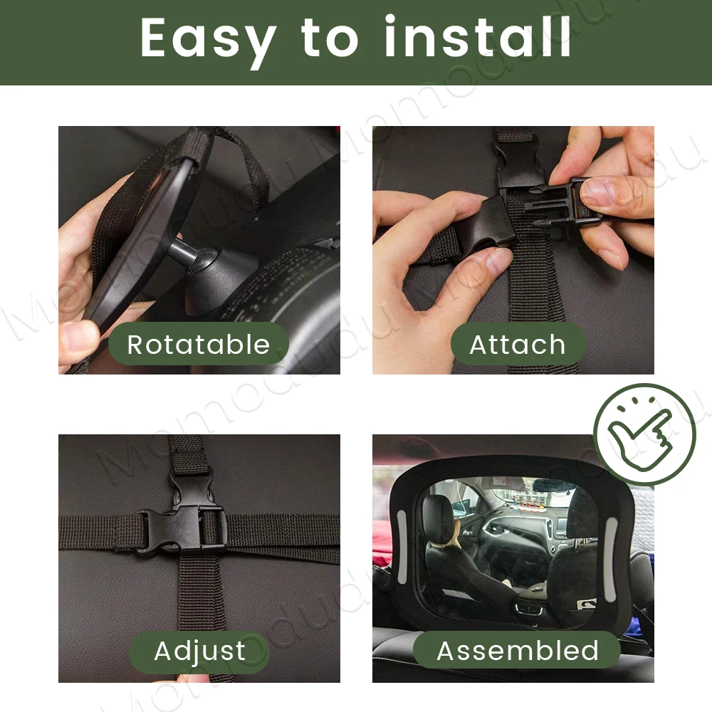 LED Baby Car Mirror with Remote Control Soft LED Light 360° Rotation Shatterproof Acrylic for Clear Viewing, Fits All Vehicles