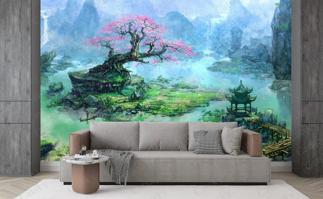 ink painting landscape painting Wall Stickers Children Baby Room Ceiling Roof Mural Home Decor Self Adhesive Wall Sticker