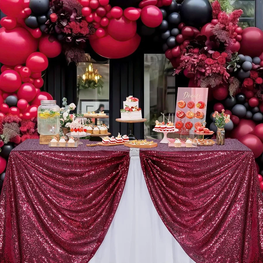 Burgundy Sequin Tablecloth for Parties: Glitter Fabric 50x50 Inches Kitchen Linen for Square Head Centerpieces Party Decoration