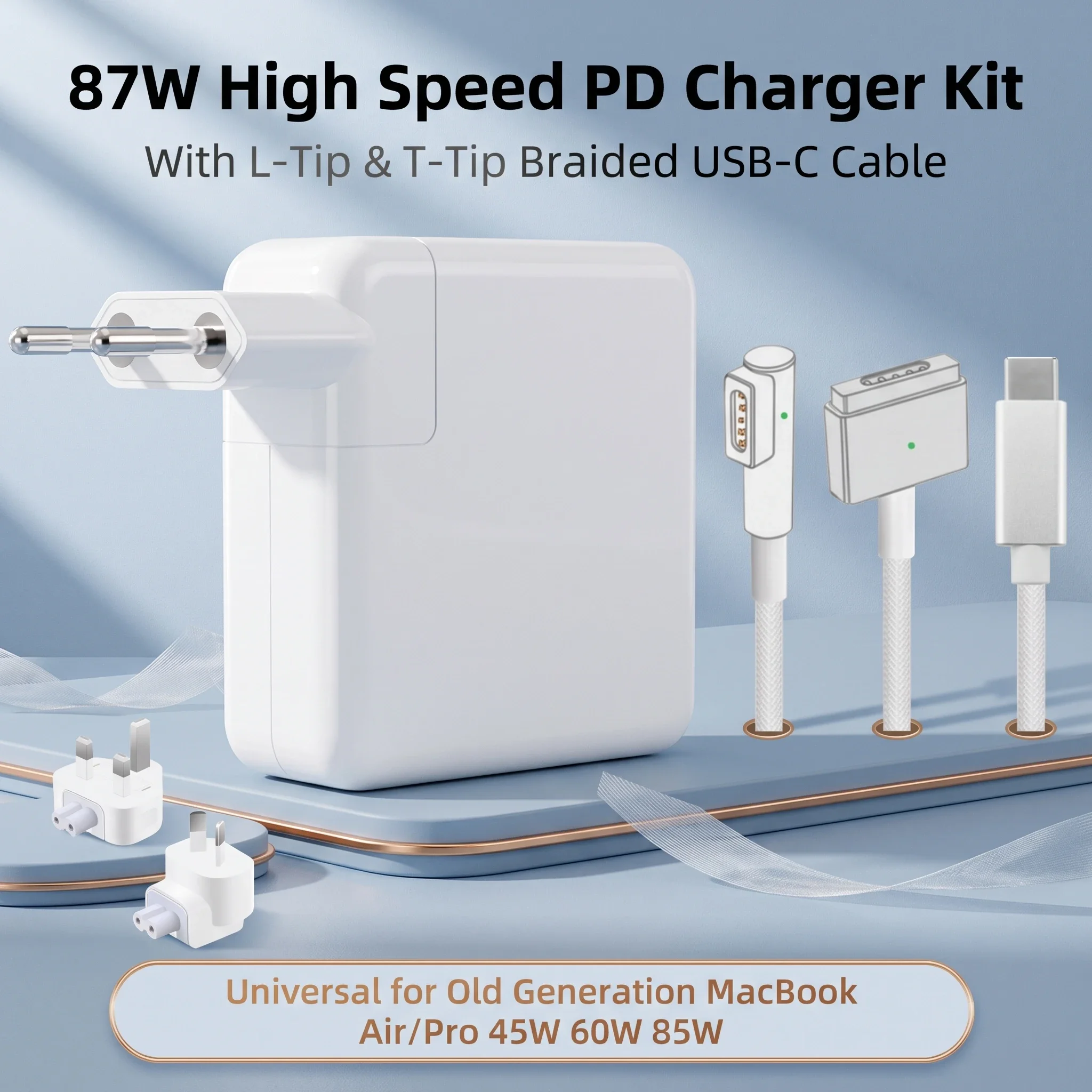 BEISE 61W 87W PD Power Adapter with Mag1 L-tip & Mag2 T-tip Braided USB-C Cable for MacBook Air Pro 45W 60W 85W Old Laptops