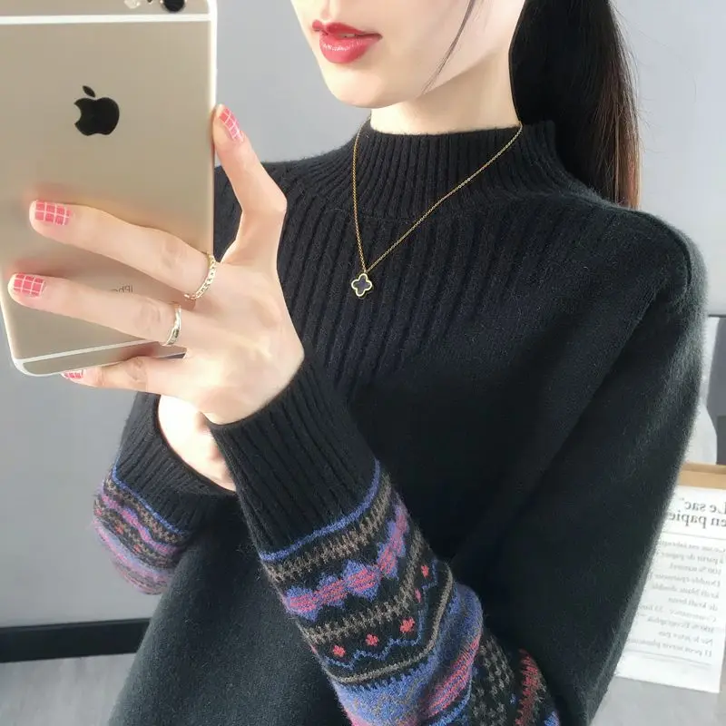 الراقية المرأة محبوك سترة f عالية طوق قاعدة طبقة طويلة Sve العلوي تي شيرت كومبو منتظم رقيقة الشتاء Sle