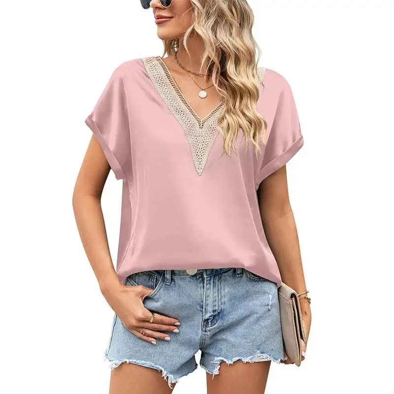 

Summer Sle Faionable Women's V-ne Lace Satin ort Sve Batwing irt Top Ele Classy Trendy Ladies' Blouse