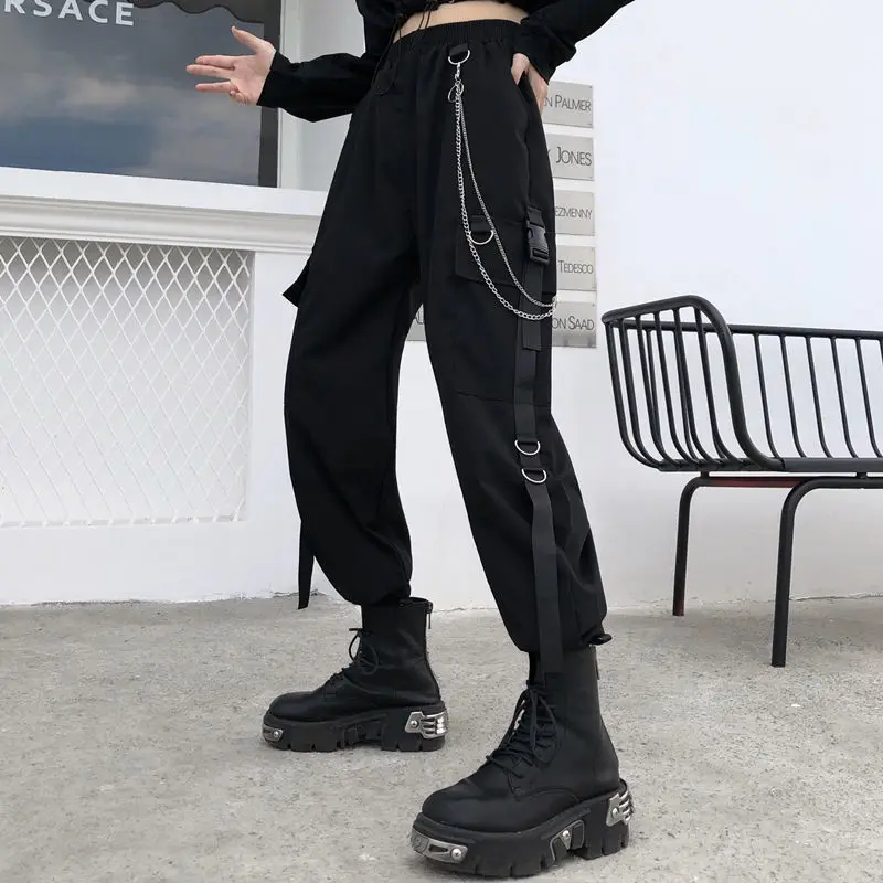 Harajuku Black Cargo Pants Women Gothic Chain Hiphop Streetwear Removable Sleeve Tops And Casual Pants Female Baggy Trousers