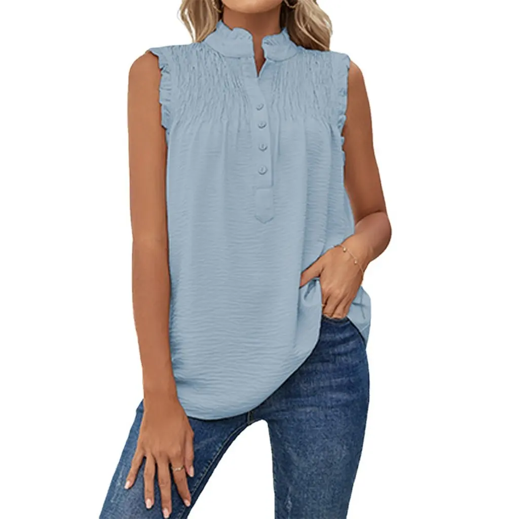 

High Collar Button Detail Sleeveless Vest Loose Casual Top for Women European And American Style Ruffled Design
