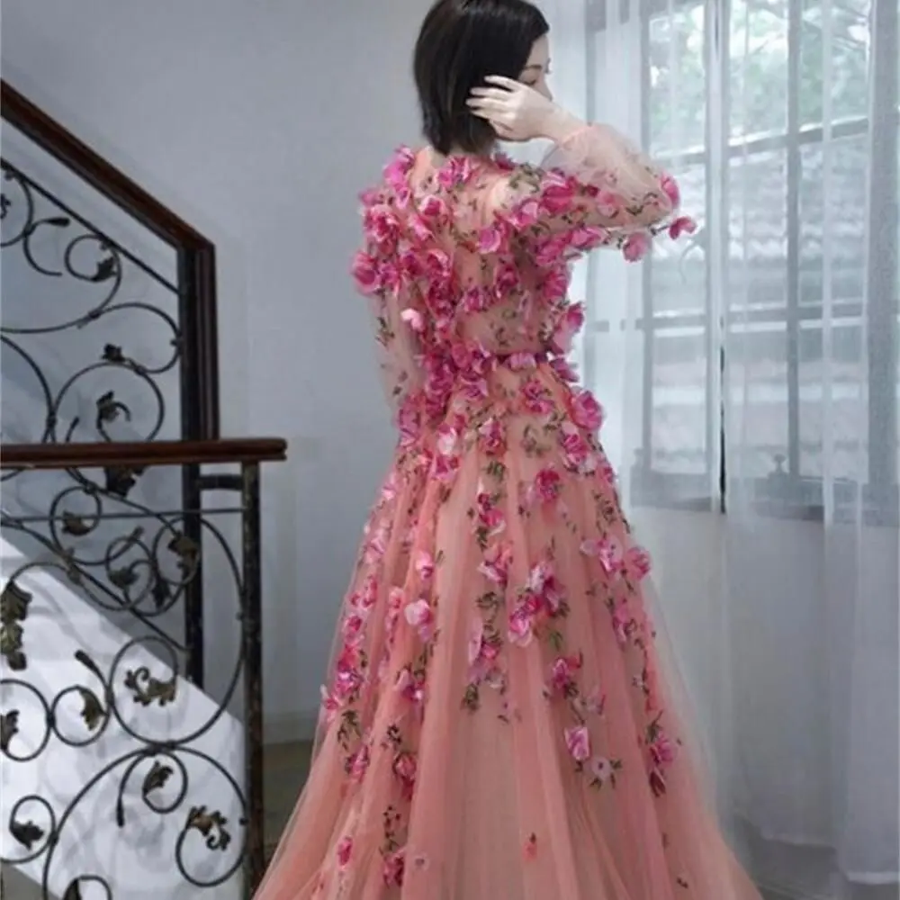 14252 #   Personalizado romântico mangas compridas com decote em v 3d flores tule a linha vestido de baile de formatura vestido de festa de casamento para mulher