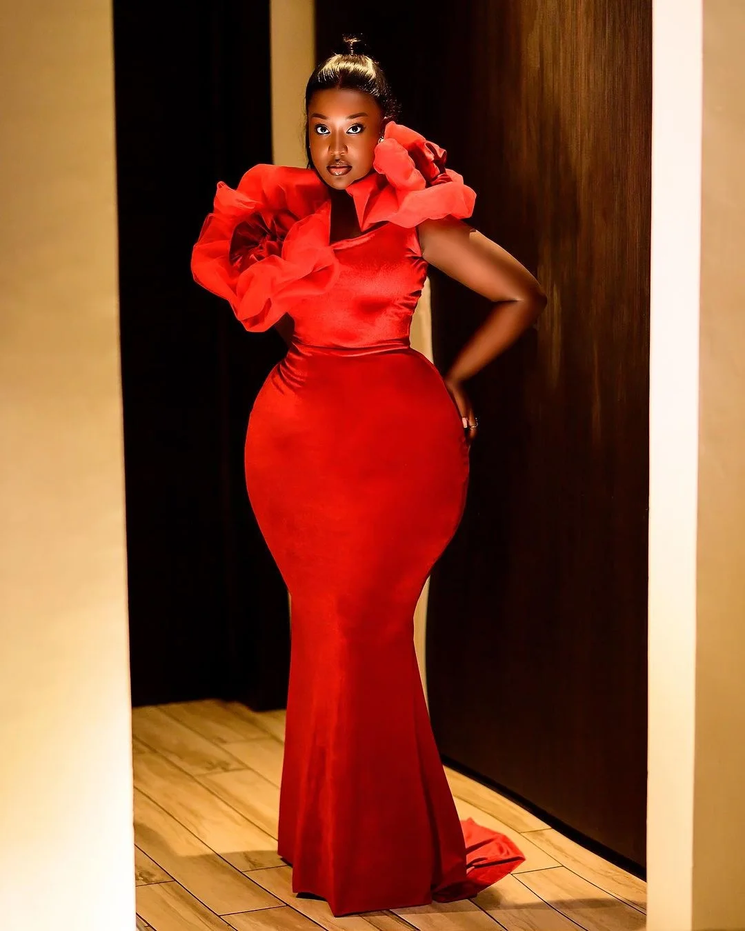 Stunning Red Silk Mermaid Prom Dresses Black Girls Plus Size Wedding Guest Gown 3D Rose Flower Aso Ebi Formal Party Dress Custom