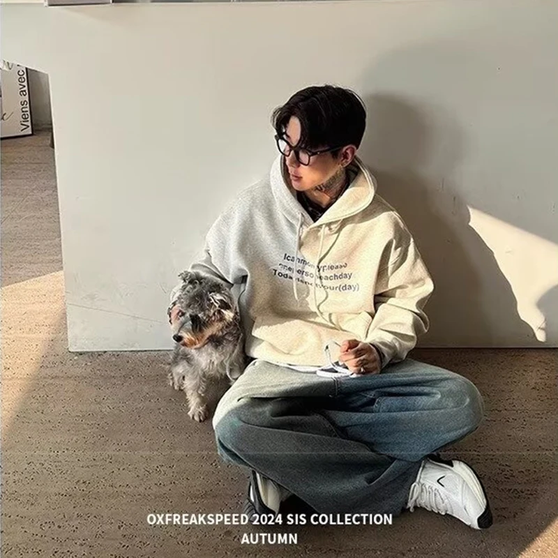 2025年秋 ハイストリート レタープリント コットン パーカー メンズ カジュアル Y2K ヴィンテージ フード付き スウェットシャツ ポケット プルオーバー パーカー