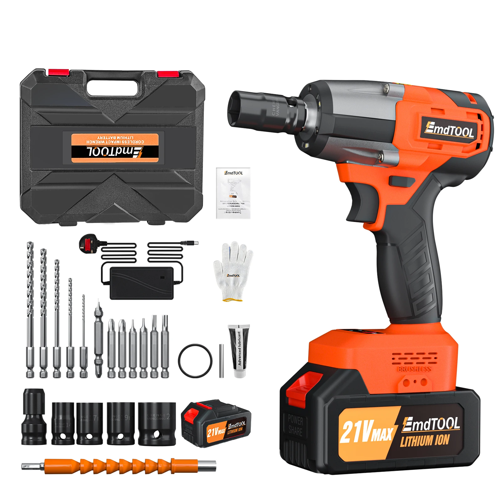 EMDTOOL Cordless Impact Wrench, 1/2 inch Driver Brushless Impact Gun, Variable Speed 3200rpm & Max Torque 1500Nm,4 Socket Sets