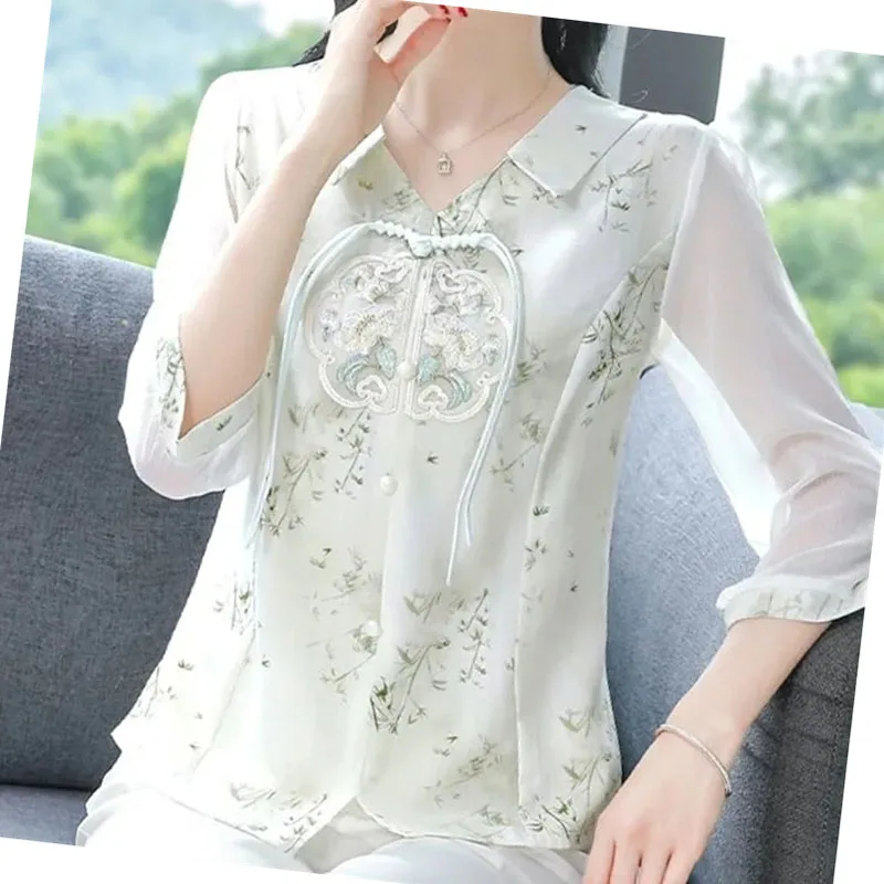 2025 ใหม่สไตล์จีนปักเสื้อผู้หญิงฤดูร้อนชุดใหม่แม่ชีฟอง TOP