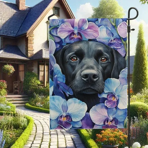 Spring Summer Floral Garden Flag, Black Labrador Dog with Violet, 12x18 Inch XXQ