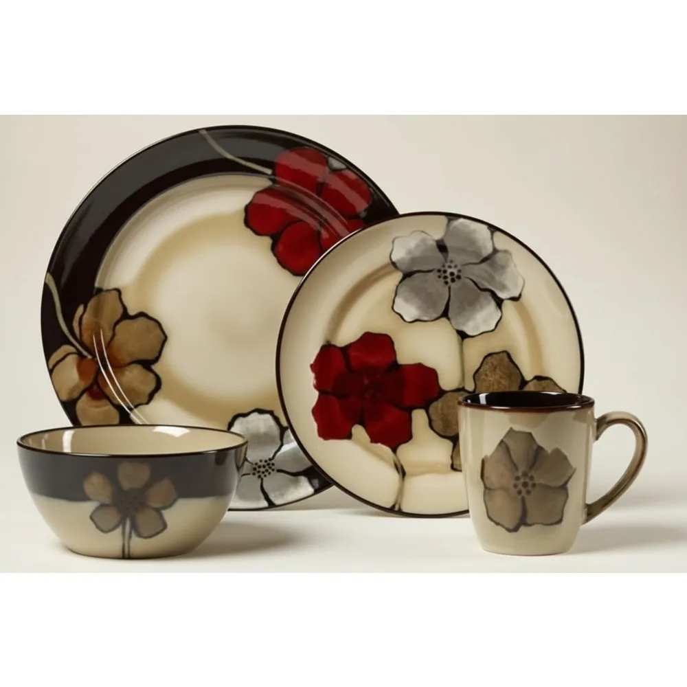 

Набор красочной посуды с цветочным рисунком на 4 человека, каменные тарелки, миски, кружки, можно мыть в посудомоечной машине для семейной столовой