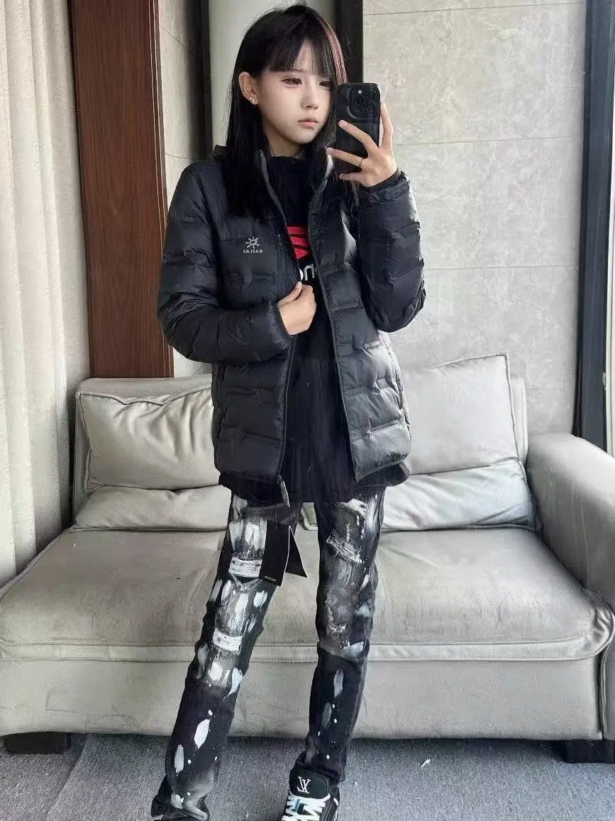 

Американские легкие джинсы класса люкс в стиле High Street с эффектом брызг чернил, зауженные, повседневные, мужские и женские, длинные брюки с рваными элементами, молодежные, популярные