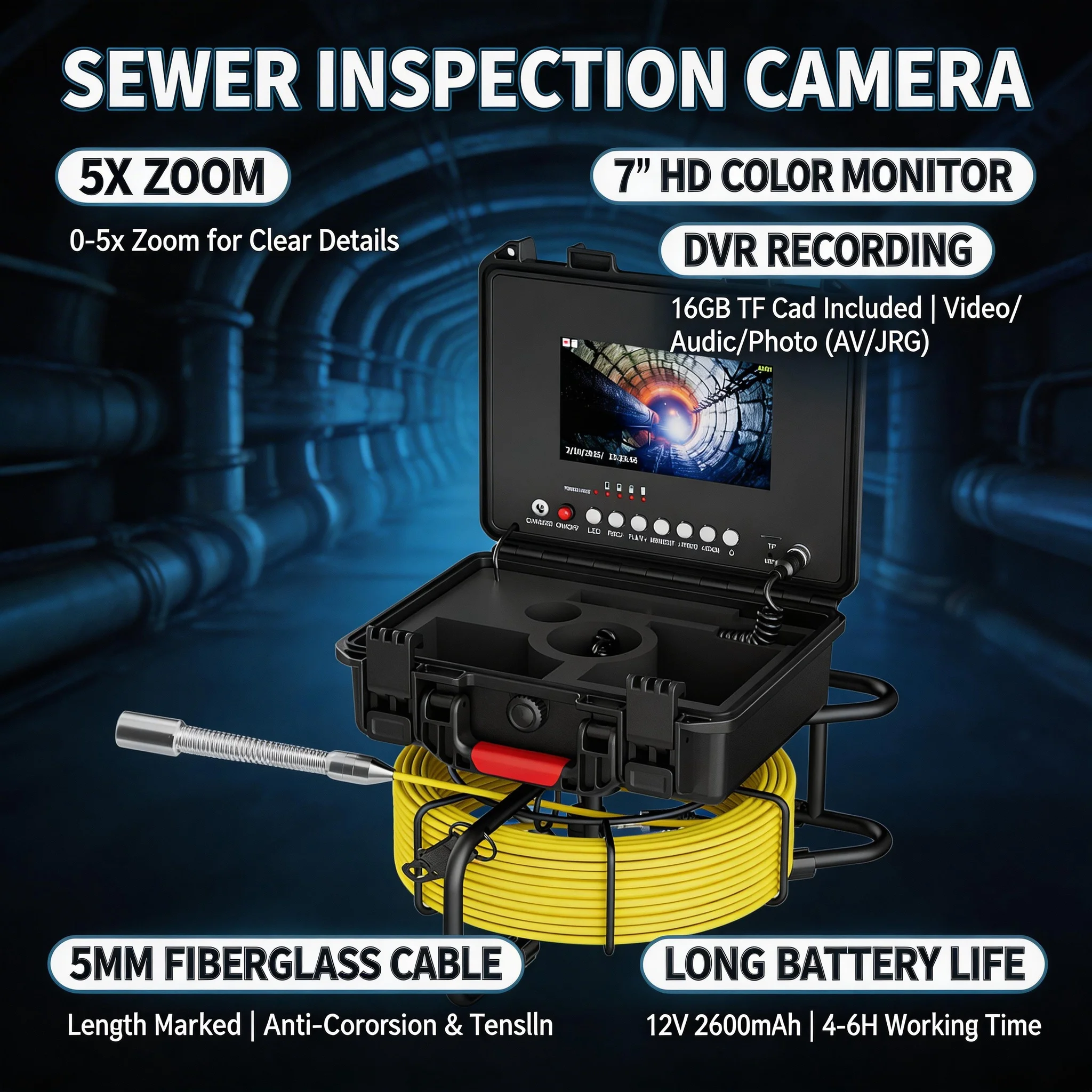 

7" 20M Sewer Camera 5mm Cable IPS 1080P DVR 16GB 12 LED Drain Pipe Inspection Endoscope Video Recording 145° Angle